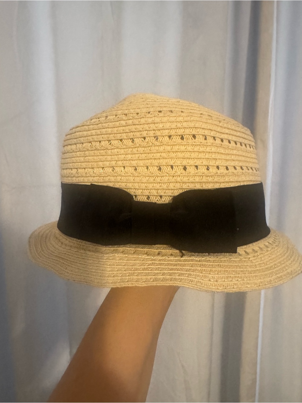 August Hats Beige Straw Cloche with Black Bow